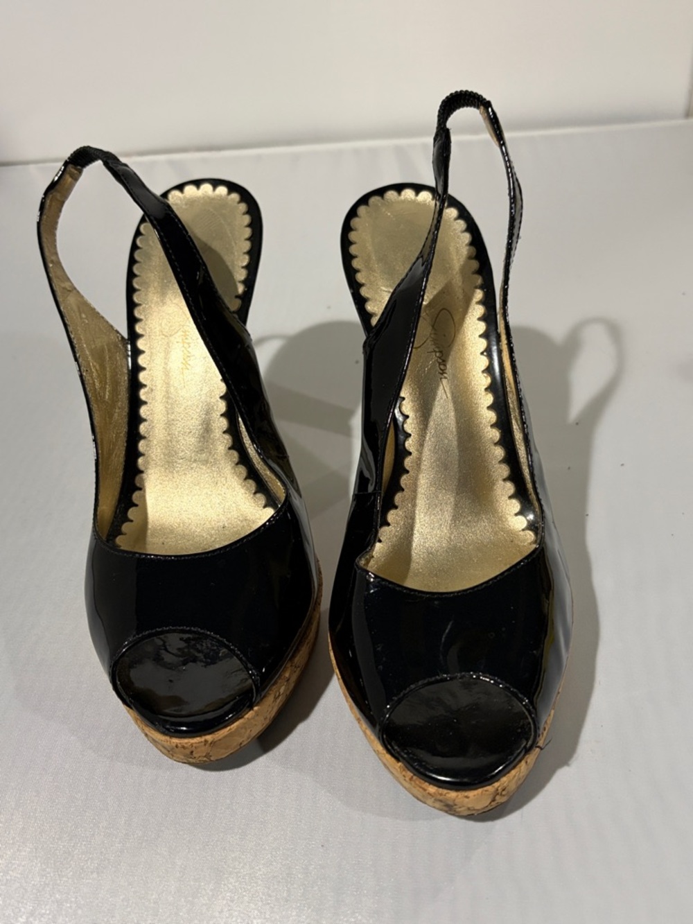 Jessica Simpson Black Patent Slingback Wedge Sandals with‎ Cork Platform